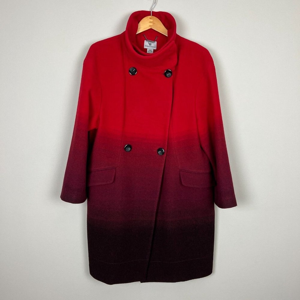 Worthington Dress Coat Womens Large Red Ombre Wool Blend Long Double Breasted